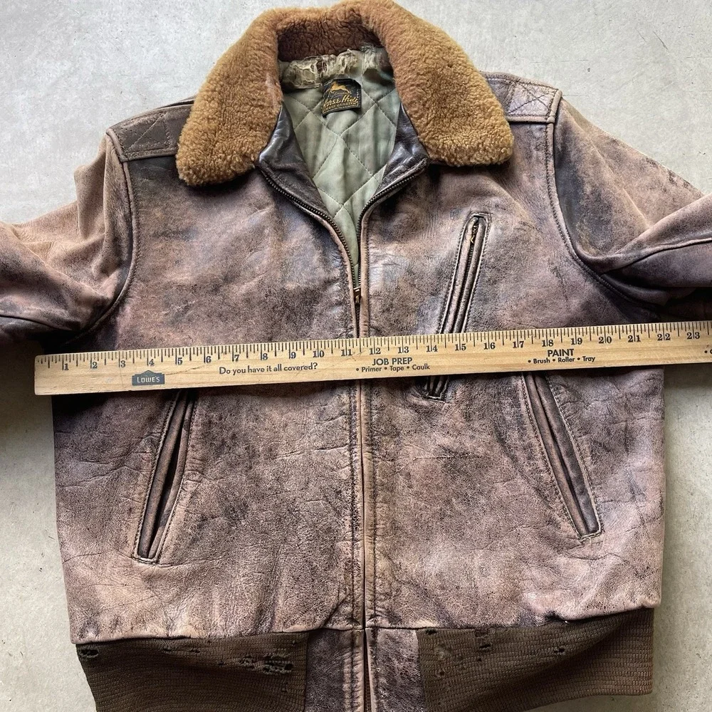 Vintage 40s Horsehide Leather Flight Jacket Talon Zip Mouton Collar 22x22.5 - Picture 5 of 9